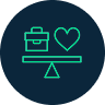 Dark blue circular icon showing a green outline of a scale balancing a briefcase on one side and a heart on the other.