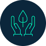 Dark blue circular icon featuring a green outline of two hands holding a young plant with leaves.