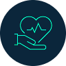 Dark blue circular icon featuring a green outline of a hand holding a heart symbol.