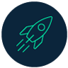 A green icon of a rocket flying upward