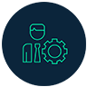 A green icon of a man standing next to a gear