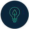 A green icon of a light bulb with a leaf icon inside