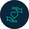 Dark blue circular icon showing a green outline of an open hand holding a heart.