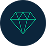 A dark blue circle features a turquoise diamond icon at its center.
