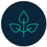 A dark blue circle contains a turquoise plant icon with three leaves at its center.