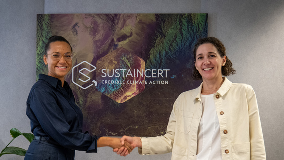 Dr. Céline Bilolo and Marion Verles at SustainCERT's offices in Luxembourg, marking TÜV SÜD's acquisition of SustainCERT.