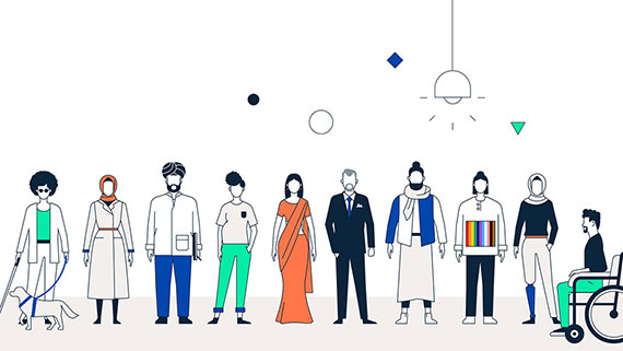 Illustrations of diverse people in different colors standing together.