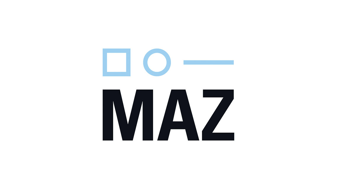 Bold, black capital letters 'MAZ' are displayed below three light blue symbols: a square, a circle, and a horizontal line.