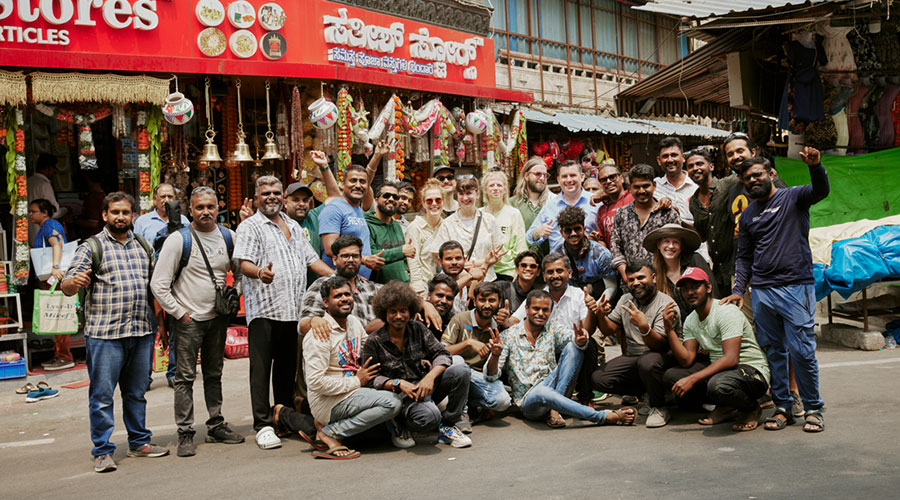 Group picture of a film crew in India.