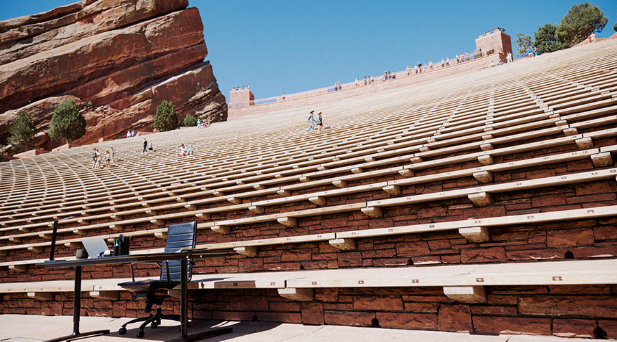 A desk is set up at the Red Rocks Amphitheatre in Denver, Colorado.
