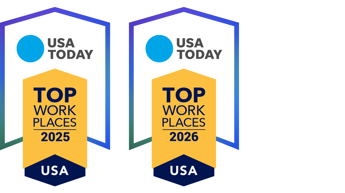USA TODAY Top Workplaces USA award badges for 2025 and 2026 displayed side by side.