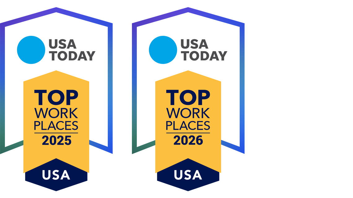 USA TODAY Top Workplaces USA award badges for 2025 and 2026 displayed side by side.