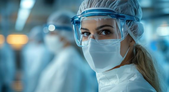 A woman standing in front of the camera in a clean environment, wearing a full set of safety equipment that includes goggles, a lab coat, and a face mask.