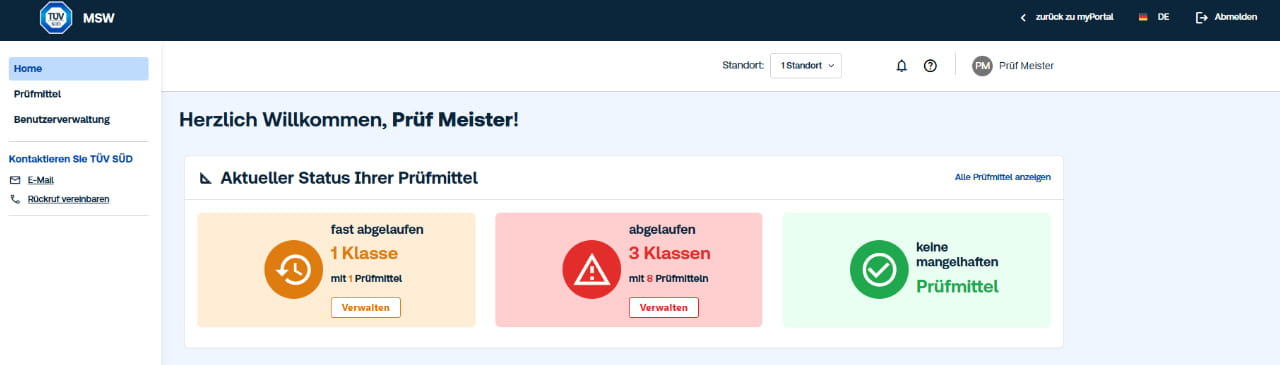 Screenshot Prüfmittelmanagement Portal von TÜV SÜD