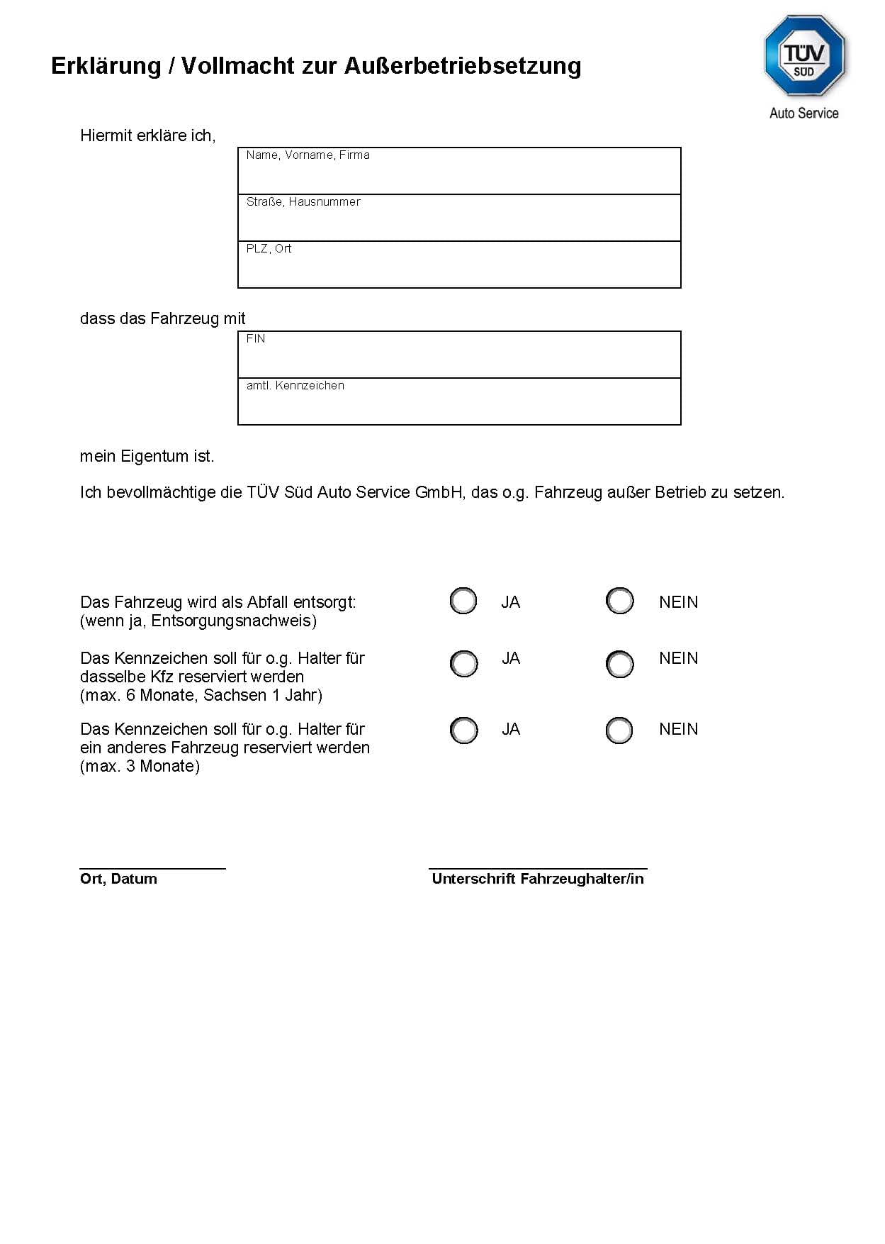 Vollmacht Ausserbetriebsetzung