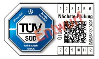 TÜV SÜD Prüfzeichen zur Prüfung von Sicherheitstechnischen Anlagen nach Baurecht