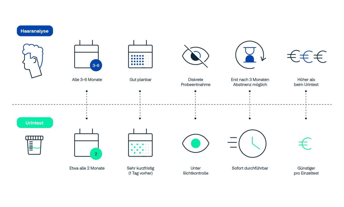Vergleich Haaranalyse vs. Urintest Infografik: Vergleich Haaranalyse vs. Urintest für MPU – Haaranalyse alle 3–6 Monate, gut planbar, diskrete Probenentnahme, Abstinenznachweis ab 3 Monaten, höhere Kosten; Urintest alle 2 Monate, kurzfristig planbar, unter Sichtkontrolle, sofort durchführbar, günstiger pro Test.