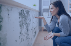 Frau betrachtet Schimmelbefall an einer Wand in einem Innenraum.