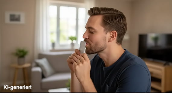 Mann prüft ein Produkt zu Hause.