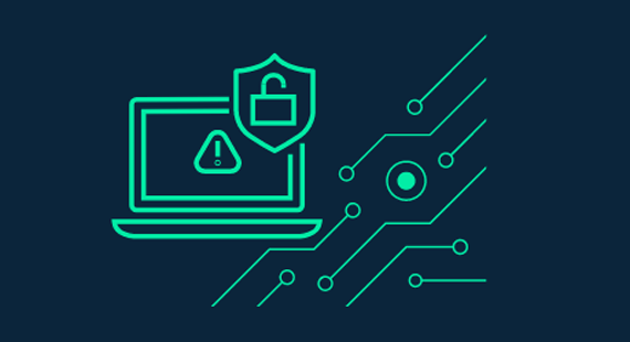 Illustration eines Laptops mit einem Warnsymbol und einem Sicherheitsschild. Die Grafik symbolisiert Schutzmaßnahmen und Cybersecurity in der digitalen Welt.
