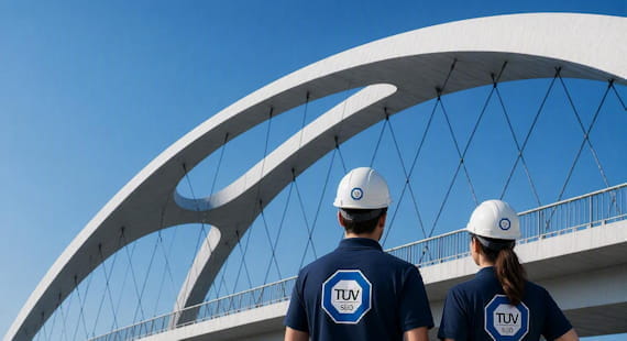 Rückansicht von weiblichem und männlichem TÜV SÜD Sachverständigen, sie nach oben auf eine Eisenbahnbrücke blicken