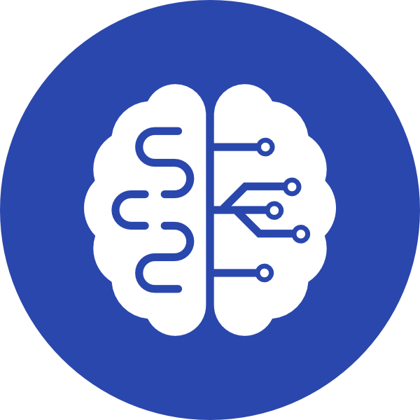 Cette icône représente une fusion entre un cerveau et des circuits électroniques, symbolisant l'intelligence artificielle (IA) et la convergence entre la pensée humaine et la technologie.