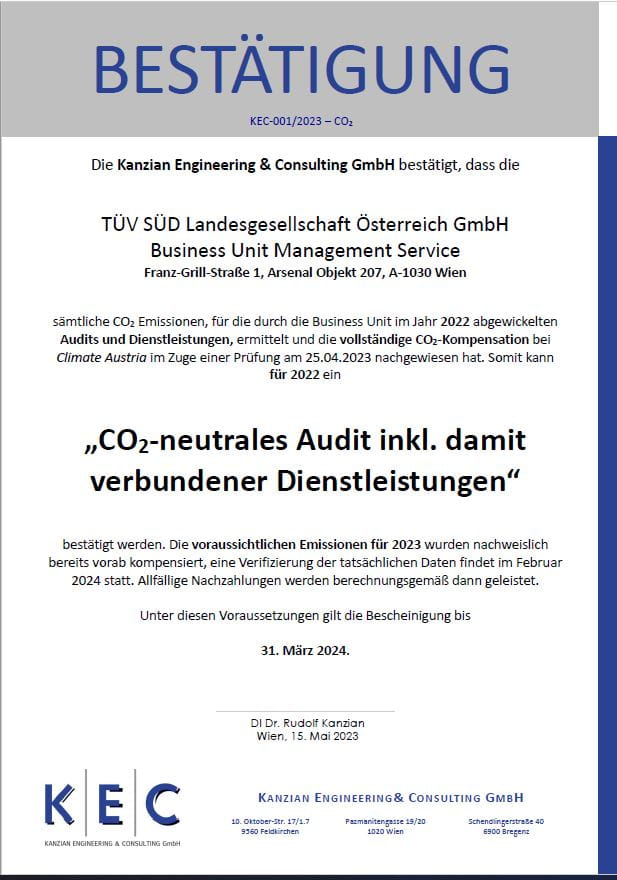 Zertifikat TÜV SÜD CO2 neutrale Audits