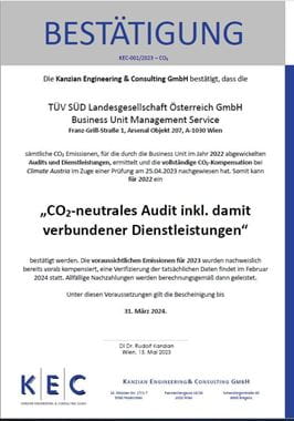 Zertifikat TÜV SÜD CO2 neutrale Audits Zertifikat TÜV SÜD CO2 neutrale Audits