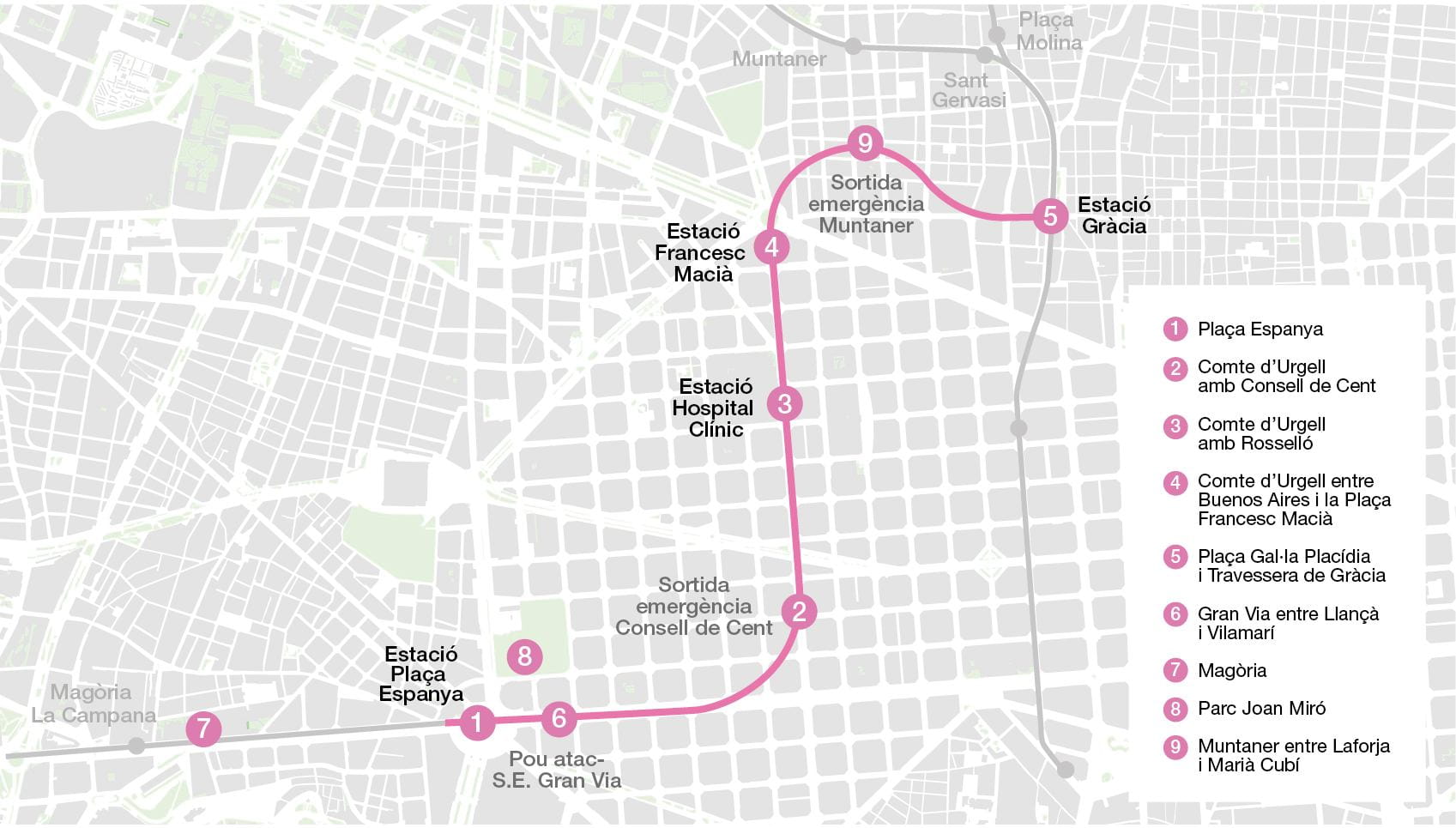 Mapa de las obras en la línea 8 de Barcelona para su control acústico