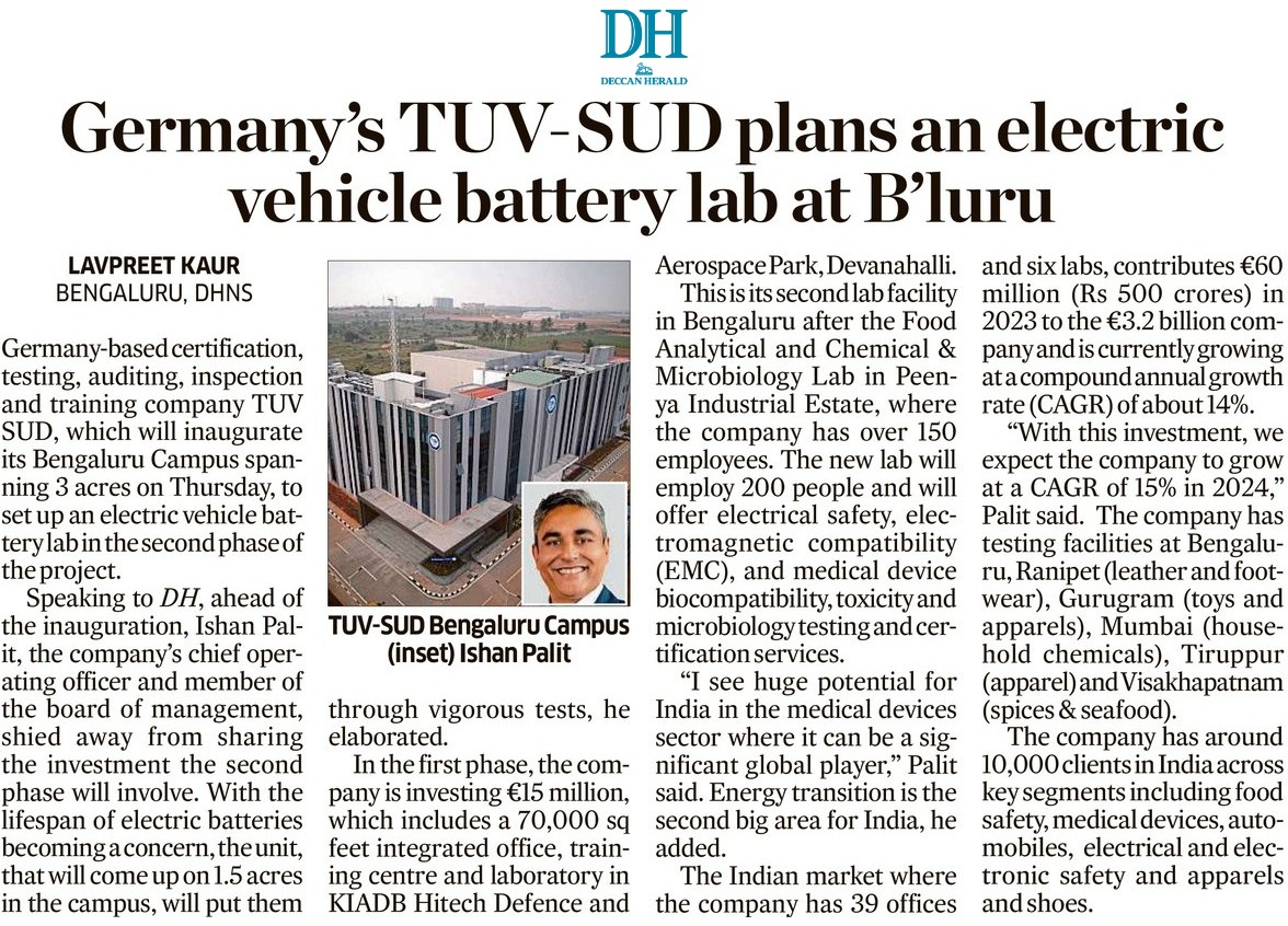 TÜV SÜD in India Plans an Electric Vehicle Battery Lab at Bengaluru