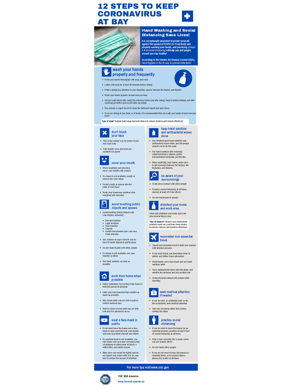 12 Steps to Keep Coronavirus at Bay Infographic - Hand washing and social distancing save lifes