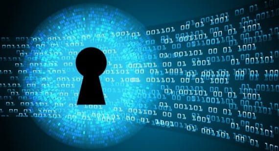 A digital lock symbolizing cyber security and data protection, surrounded by binary code and network connections.
