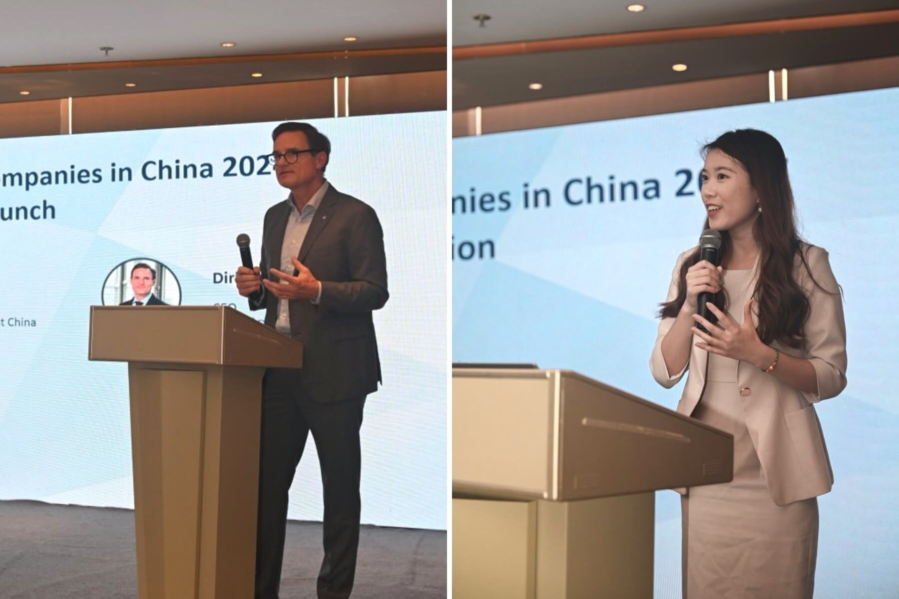 图左：TÜV南德北亚区首席执行官Dirk von Wahl先生现场致辞 图右：TÜV南德可持续发展部门ESG专家薛姿韵女士现场解读《在华德企ESG实践报告 2023 》白皮书