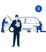Illustration: Mann steht mit Klemmbrett vor seinen Mitarbeitern, die am Fahrzeug arbeiten