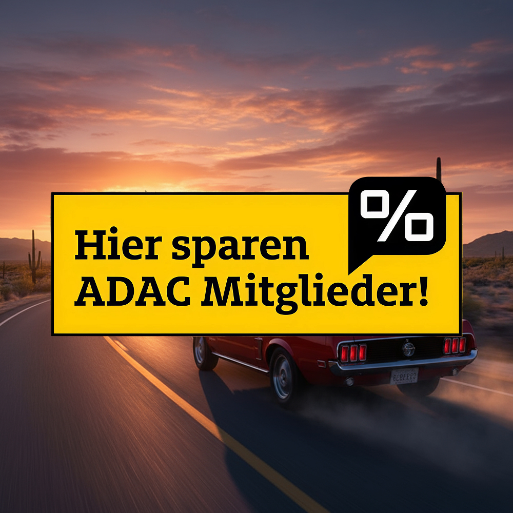 Banner mit Text &bdquo;Hier sparen ADAC Mitglieder!&ldquo; vor gelbem Hintergrund