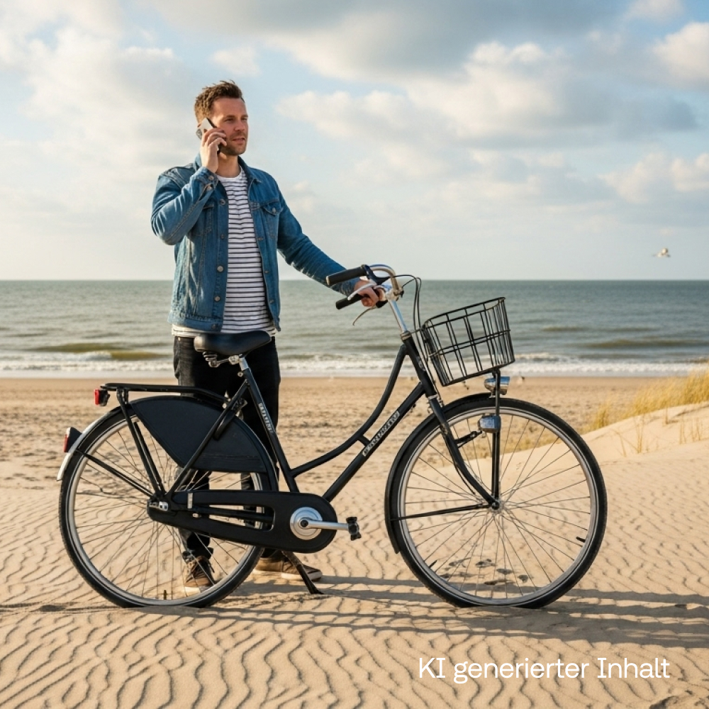 Mann steht mit Fahrrad am Strand und telefoniert