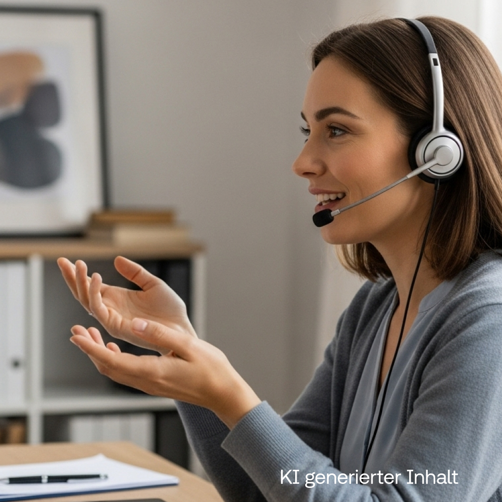 Frau mit Headset f&uuml;hrt ein Gespr&auml;ch im Homeoffice