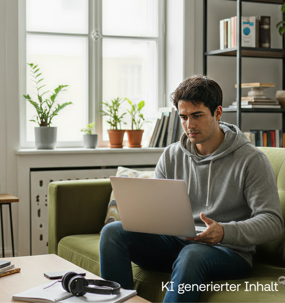 Ein junger Mann sitzt konzentriert auf einem Sofa und arbeitet an einem Laptop in einem hellen, modernen Wohnzimmer mit Pflanzen und B&uuml;cherregal im Hintergrund.